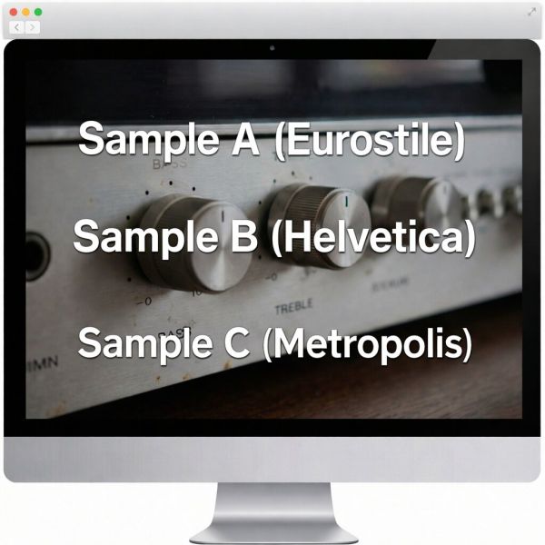 A digital screen showing three different vintage font samples (Eurostile, Helvetica, Metropolis) overlaid on an image of an old receiver faceplate for comparison.