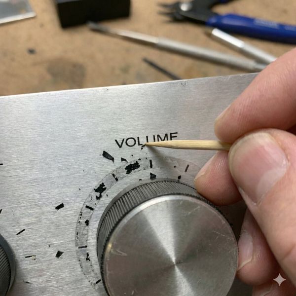 A hand using a wooden toothpick to gently remove flaking old lettering from a brushed aluminum vintage receiver faceplate.