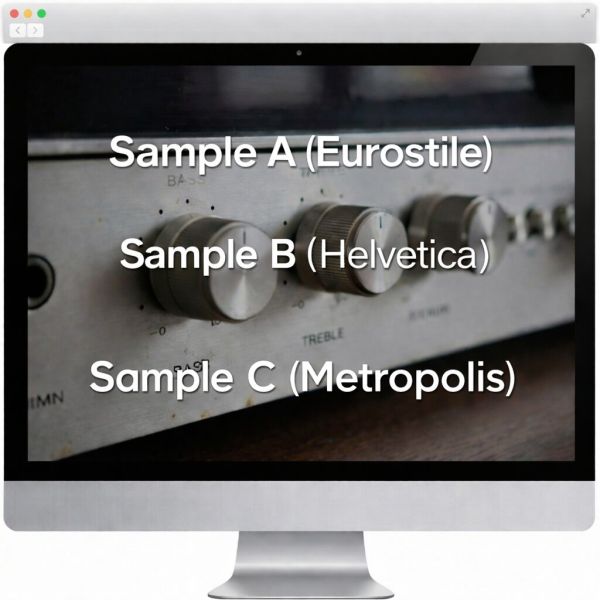 A digital screen showing three different vintage font samples (Eurostile, Helvetica, Metropolis) overlaid on an image of an old receiver faceplate for comparison.