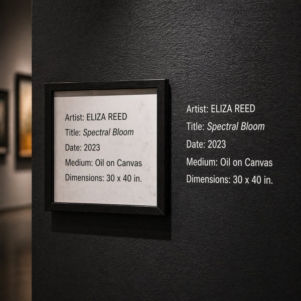 A close-up view of two distinct gallery labels: a traditional framed tombstone label next to a "dry-transfer" invisible label that shows only the sharp, white text on a dark charcoal-colored museum wall, demonstrating the "invisible" effect.