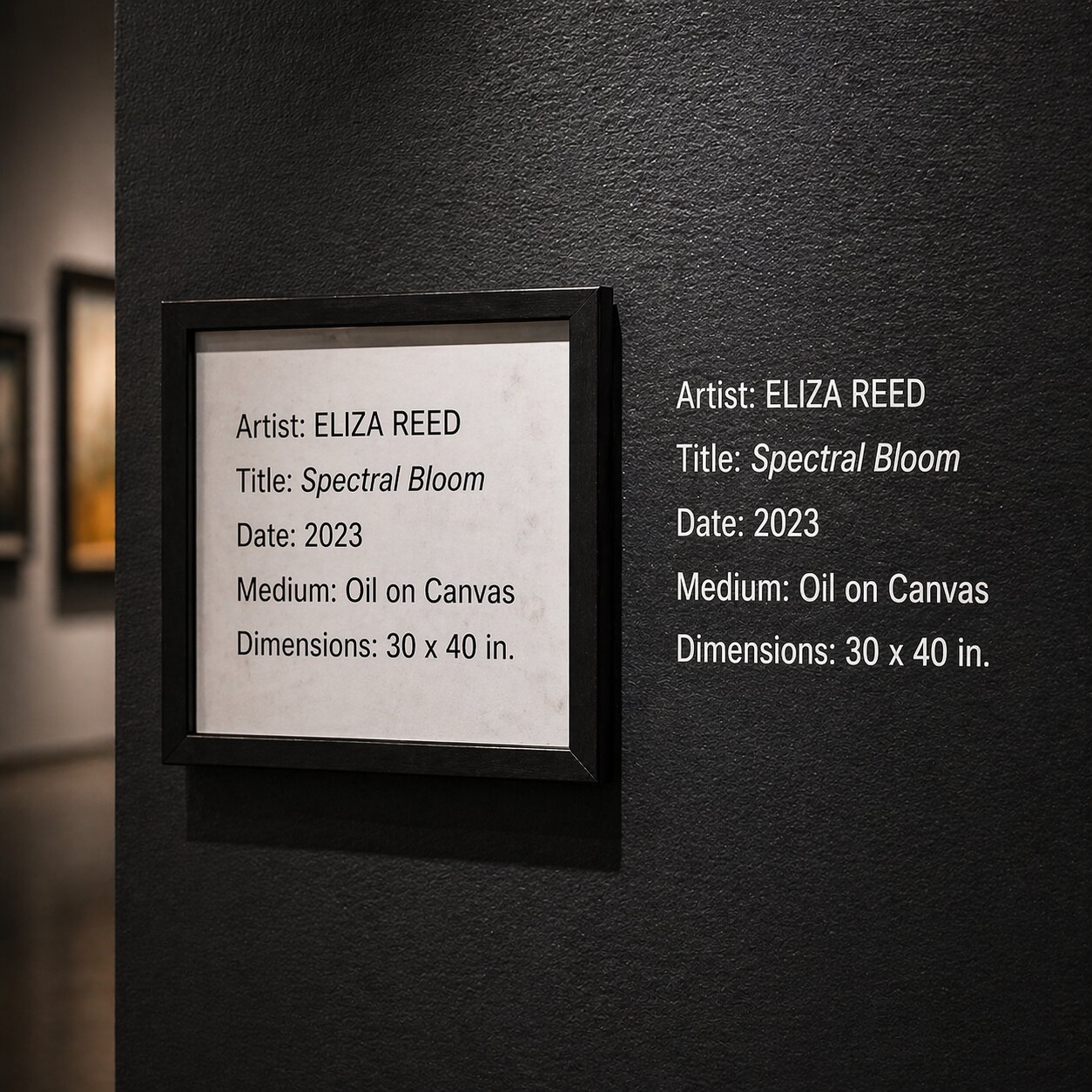 A close-up view of two distinct gallery labels: a traditional framed tombstone label next to a "dry-transfer" invisible label that shows only the sharp, white text on a dark charcoal-colored museum wall, demonstrating the "invisible" effect.