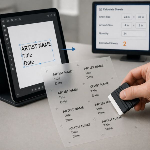 A semi-realistic close-up scene illustrating the creation process for dry-transfer labels, from a digital vector layout on a tablet to a finished transfer sheet with precise black text.