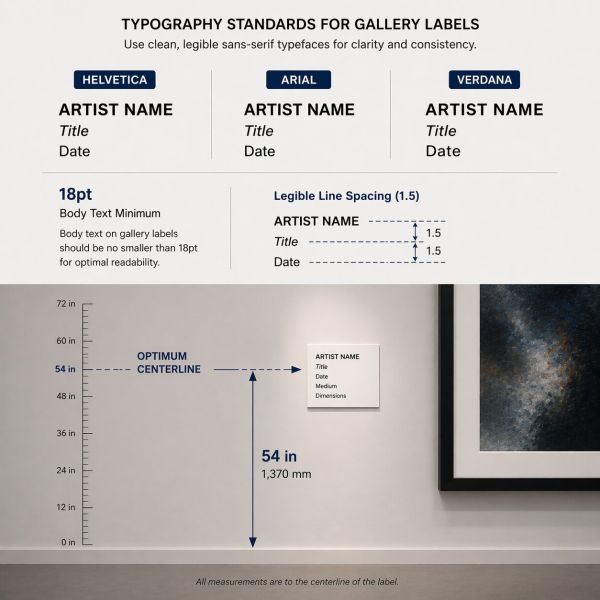 A close-up illustration of typography guidelines for gallery labels, showing acceptable sans-serif fonts and illustrating the optimum 54-inch placement height for a label's centerline.