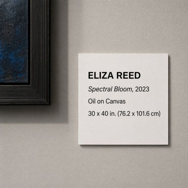 A close-up view of a professional gallery label for an artwork titled 'Spectral Bloom', showing a clear visual hierarchy of the five standard tombstone elements: Artist, Title, Date, Medium, and Dimensions.